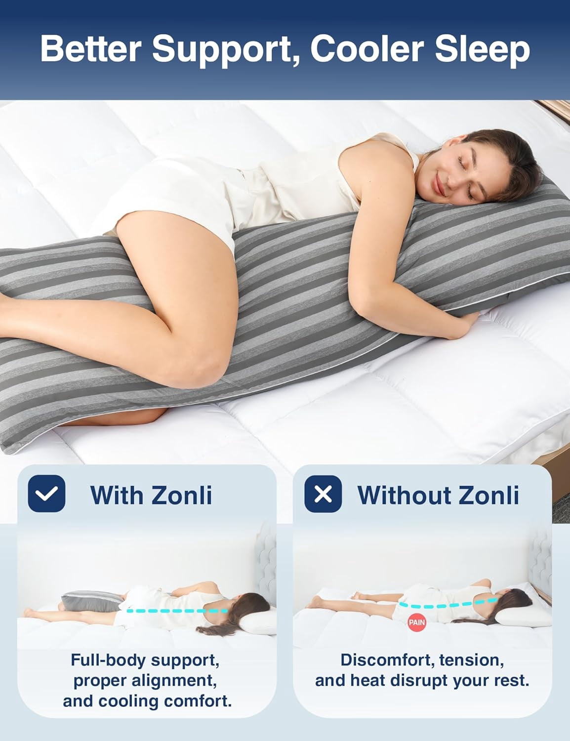 Adjustable Memory Foam Cooling Body Pillow for Adults, Firm Support for Side Sleepers, Pregnancy & Back Pain Relief, Washable Cover, 20x54 Inches, Grey