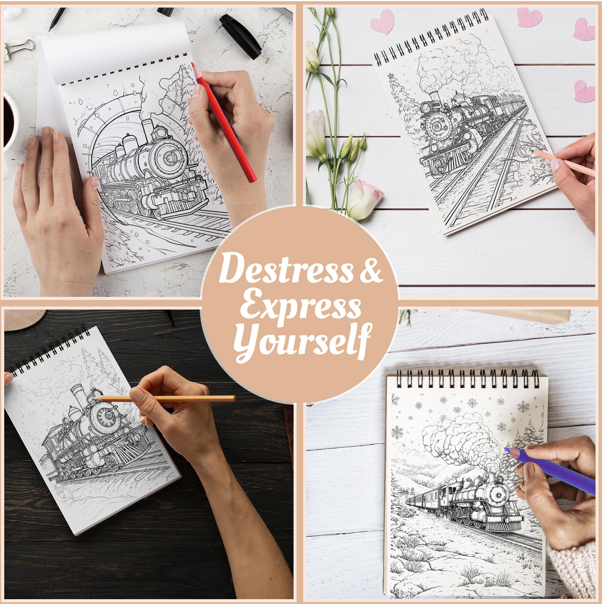 Netecom Christmas Train Coloring Book Spiral Bound for Adults, A5 Wooden Cover, 30 Enchanted Coloring Pages of Stunning Christmas Train for Stress Relief and Relaxation