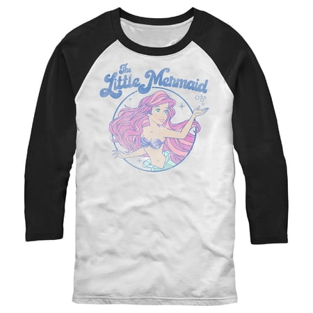 Men s The Little Mermaid Distressed Title and Ariel Baseball Graphic Tee White/Black X Large
