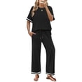 thumbnail image 2 of GIPQJK Two Piece Sets for Women Short Sleeve Crew Neck Casual Clothing Drawstring Striped Baggy Pants Summer Solid Color Outfits,Black S, 2 of 6
