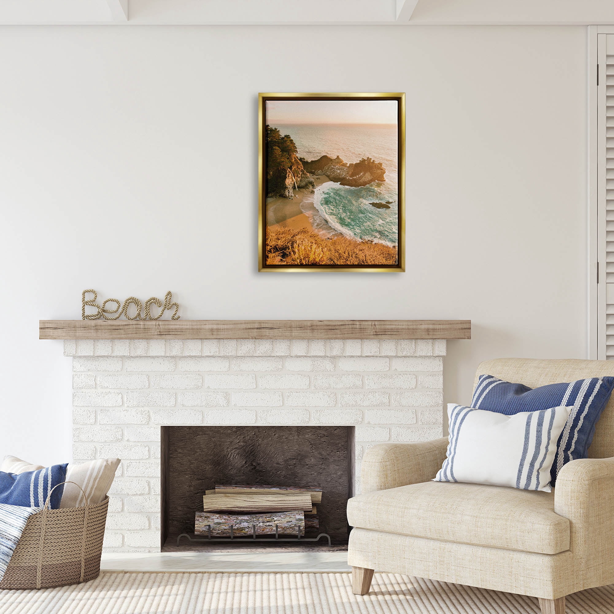 Stupell Industries Waves Crashing Rocky Cove Coastal Photography Gold Floater Framed Art Print Wall Art