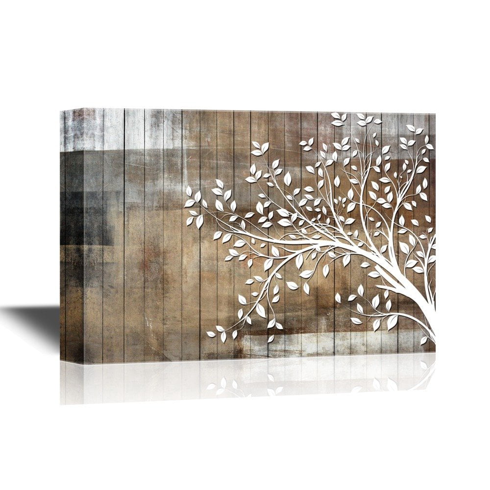 wall26 Abstract Tree Canvas Wall Art - White Tree Branch with Leaves on ...