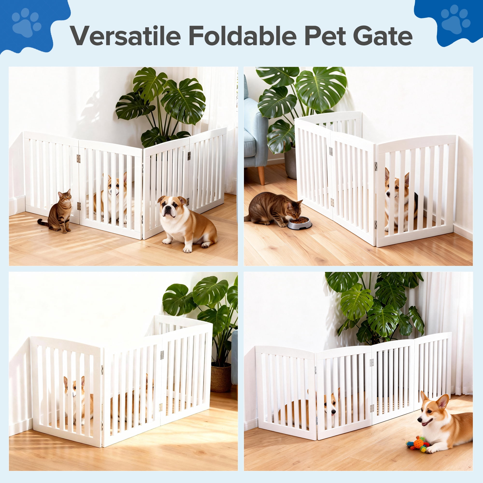 SHOUFTW Foldable Wooden Pet Gate, Freestanding and Extra Wide 4 Panel Dog Gate for Doorways, Stairs, Hallways, White