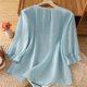 thumbnail image 4 of mfyjkho Tops Elegantes Para Mujer, Blusa De Lino Sintético Con Botones Bordados Para Mujer, Manga 3/4, Cuello Redondo Tops Para Salir M, 4 of 8