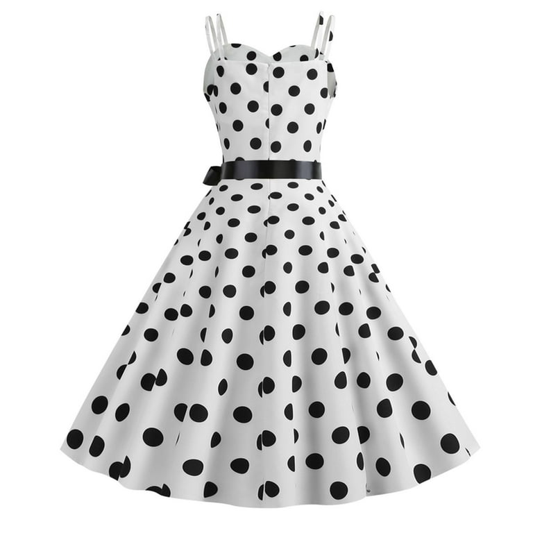 Women s Vintage Suspender Dress Dots Print Bow Tie Sleeveless Swing Dress