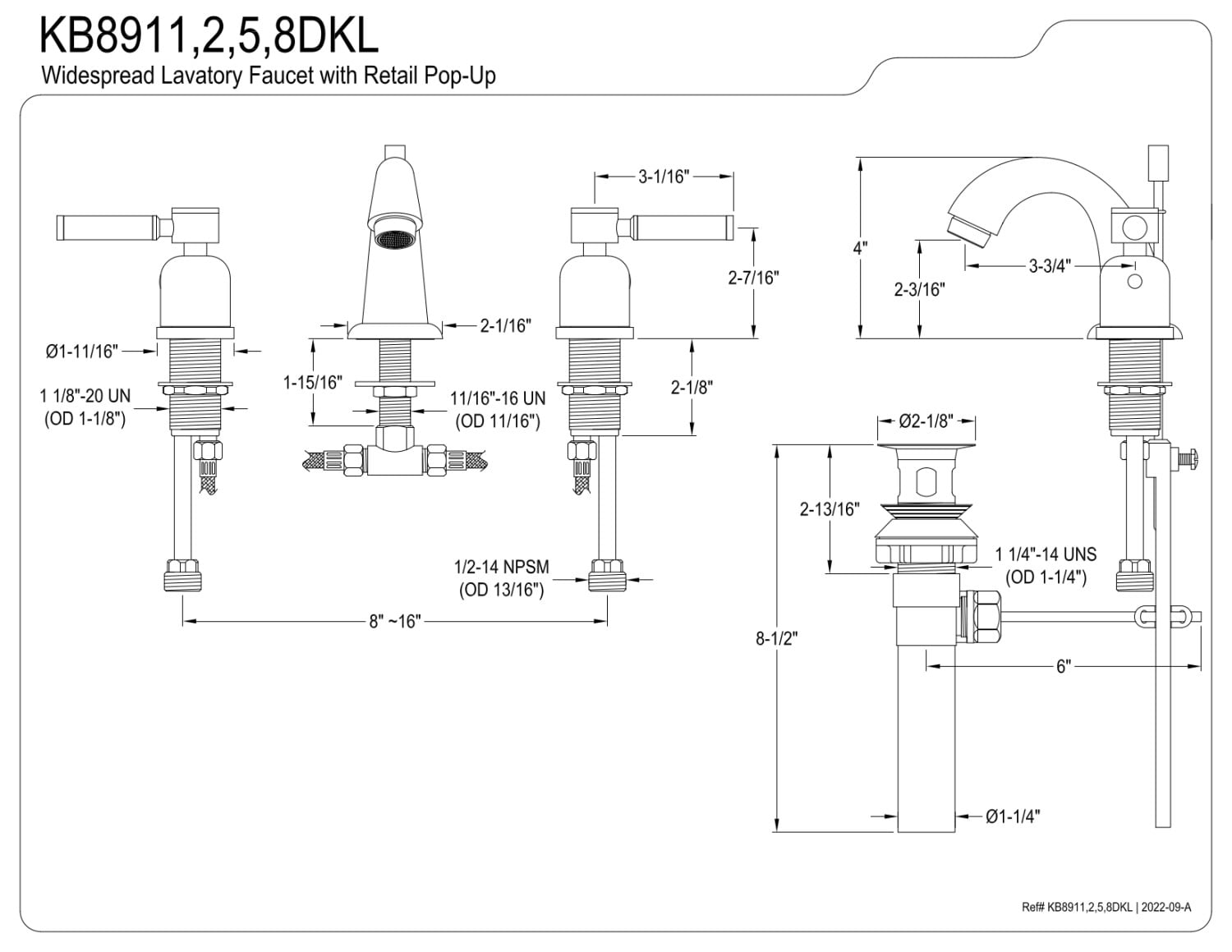 Kingston Brass KB8918DKL Kaiser Widespread Bathroom Faucet, Brushed Nickel