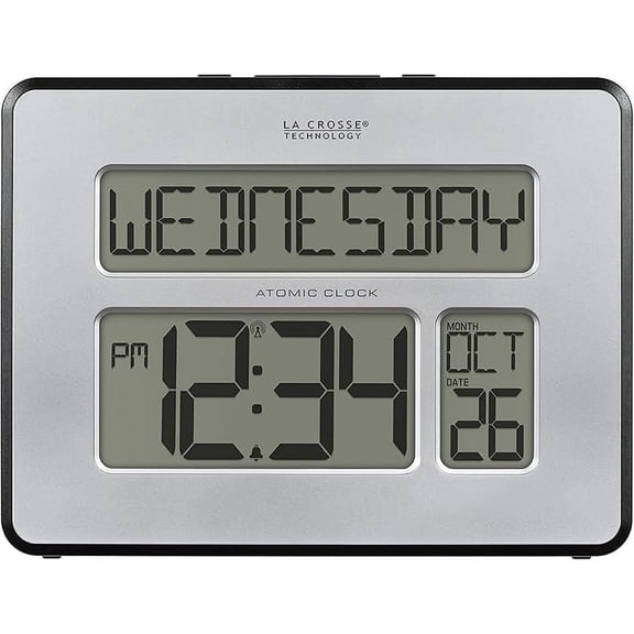 La Crosse Technology Atomic Digital Wall Clock with Calendar and Indoor Temperature, Matte Silver, 513-1419B