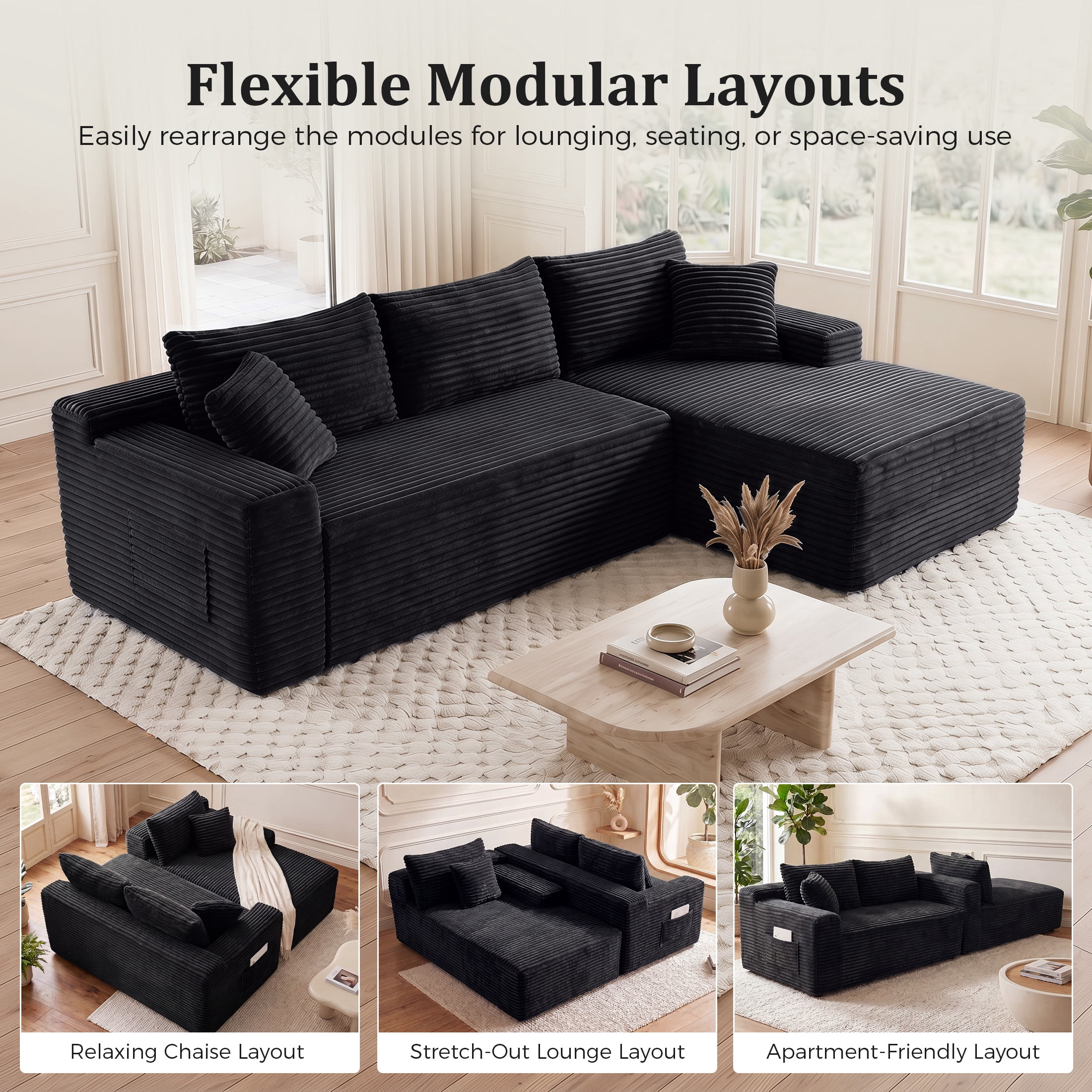 Aenkyo 95 Inch Corduroy L-Shaped Modular Sectional Sofa, Right Chaise, Black