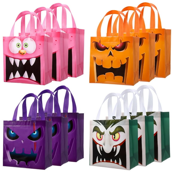 sixwipe 12 Pcs Halloween Trick or Treat Bags Non-Woven, 9 x 8.7 x 4.3 Inch Gift Tote Bags with Handles, 4 Styles Goodie Candy Bags for Halloween Party Supplies