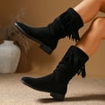 thumbnail image 2 of Fringed Mid Calf Boots for Women Boho Suede Chunky Low Heel Long Tassel Winter Fall Tall Boots, 2 of 5