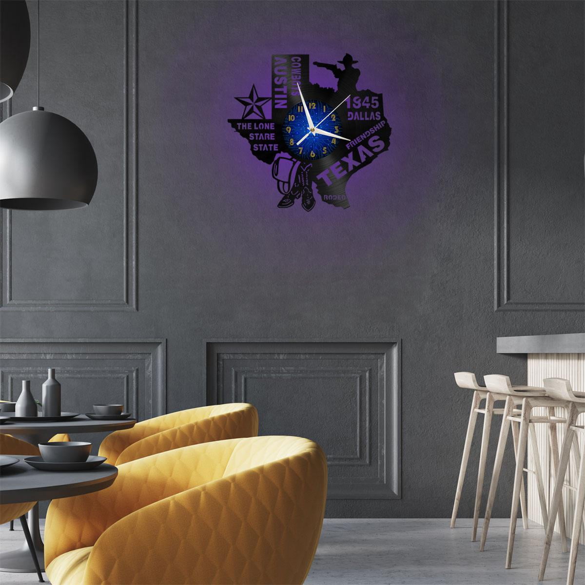 1845 Texas History 12 Inch Vinyl Record Wall Clock - Silent, Creative, and Unique Clock for Living Room, Entryway, or Bedroom Decor - Perfect Gift Idea(12 inchs B with LED)