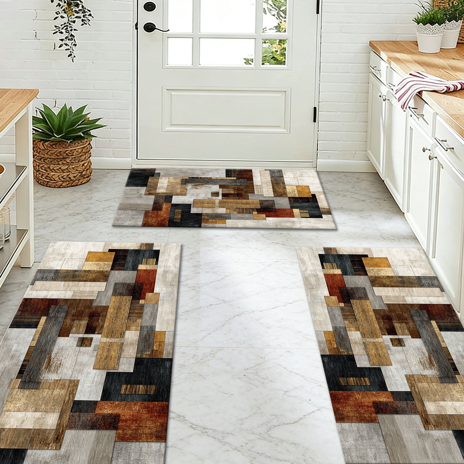 3 Piece Kitchen Rug Set, Non-Slip And Washable, Abstract Pattern Kitchen Hallway Rug, Soft And Comfortable, Suitable For Sinks, Floors, Entrances, Hallways and Bathrooms