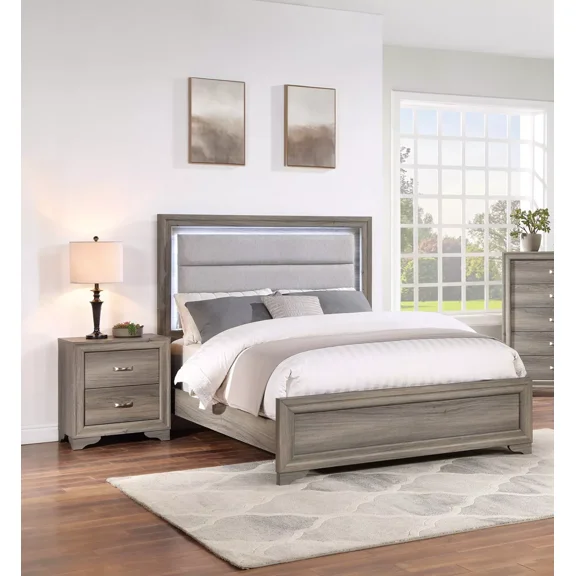 Transitional Style 3pc Bedroom Set Queen Size Bed Light Brown Burlap Upholstered HB Nightstand Wooden Furniture
