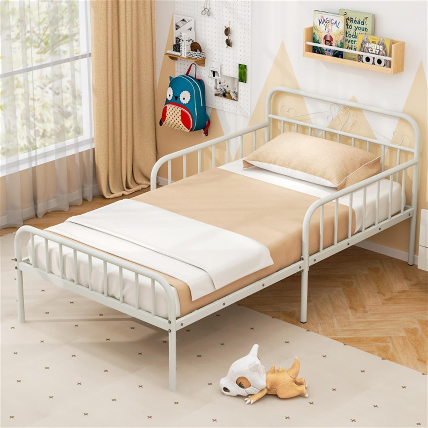 Demi Bonn Twin Size Bed Frame with Headboard and Safety Side Guardrails, Metal Platform Bed Frame with Under Bed Storage, No Box Spring Needed, White