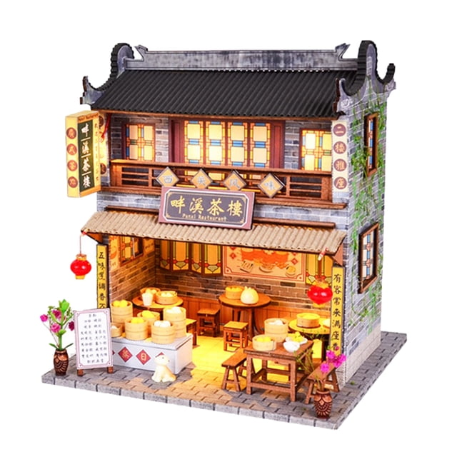 1/24 Dollhouse Kits Miniature Wooden Teahouse W/ Furniture & LED Lights For Gift
