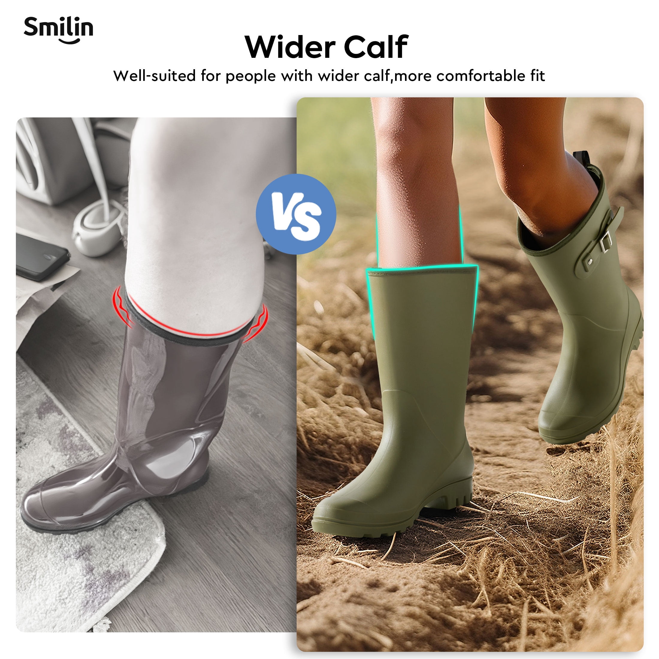 SMILIN Wellington Wide Calf Rubber Rain Boots for Women Olive Green Size 8