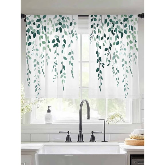 Eucalyptus Leaves Sheer Curtains for Living Room Bedroom Simple Spring Botanical Green Vines Sheer Curtains 45 Inch Long 2 Panels Set Light Filtering Curtain Window Treatments Drapes for Dining Room