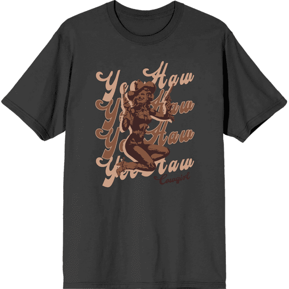 Yeehaw! Pin Up Cowgirl Adult Charcoal Crew Neck Short Sleeve Tee-Medium