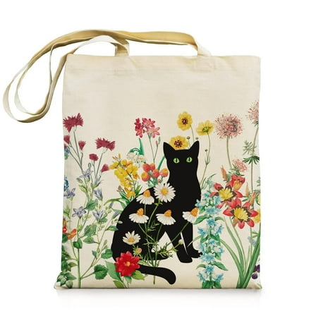 Black Cat Canvas Tote Bag with Zipper Pockets Vintage Flowers Cute Tote Bag Aesthetic Reusable Shopping Grocery Bags Birthday Gifts for Women