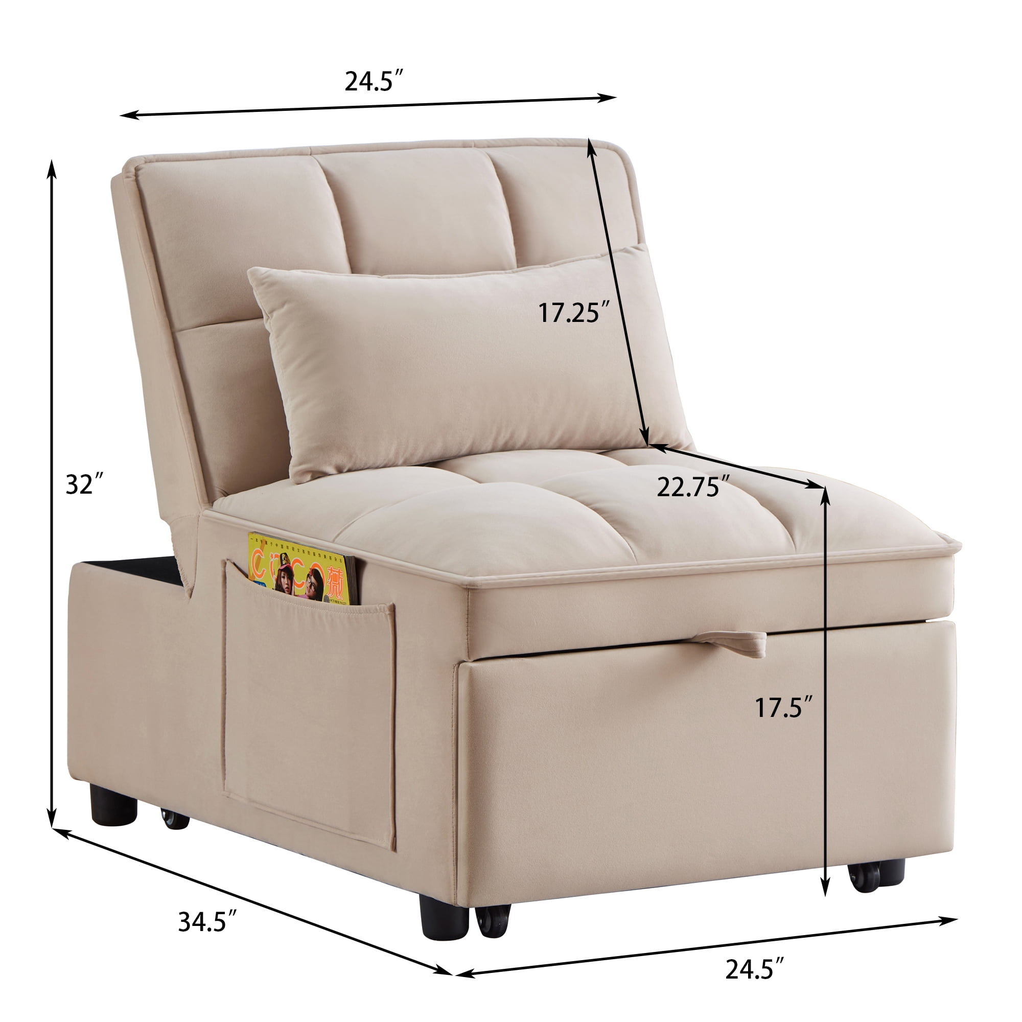 Miniyam 4 in 1 Tufted Single Pull-out Sofa Bed with Adjustable Backrest and Pillows, Taupe