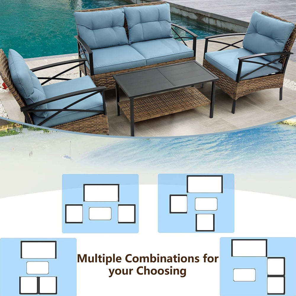 Patio Sofa Set, 4 Pieces Outdoor Sectional Furniture, All-Weather PE Rattan Wicker Patio Conversation Set, Cushioned Sofa Set with Coffee Table for Patio Garden Poolside Deck