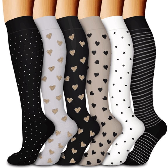 6 Pairs Sport Compression Socks for Women & Men, Thigh High Compression Socks for Flying, Running, Cycling, Athletic (L/XL)