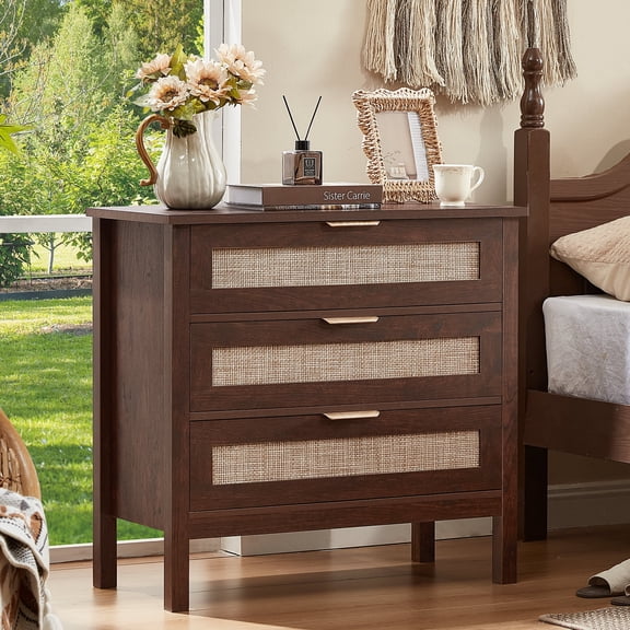 LELELINKY 31.5" Wide Rattan Boho Nightstand, 3-Drawer Bedside Table, Tall Chest of Drawers for Adult Bedroom, Living Room, Grey White