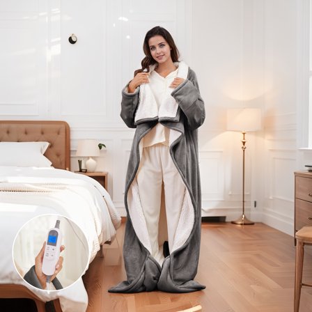 SUNNY HEAT Heated Wearable Blanket with Pockets,50"x70",Soft Flannel & Sherpa ,1-12H Timer,Machine Washable,Light grey