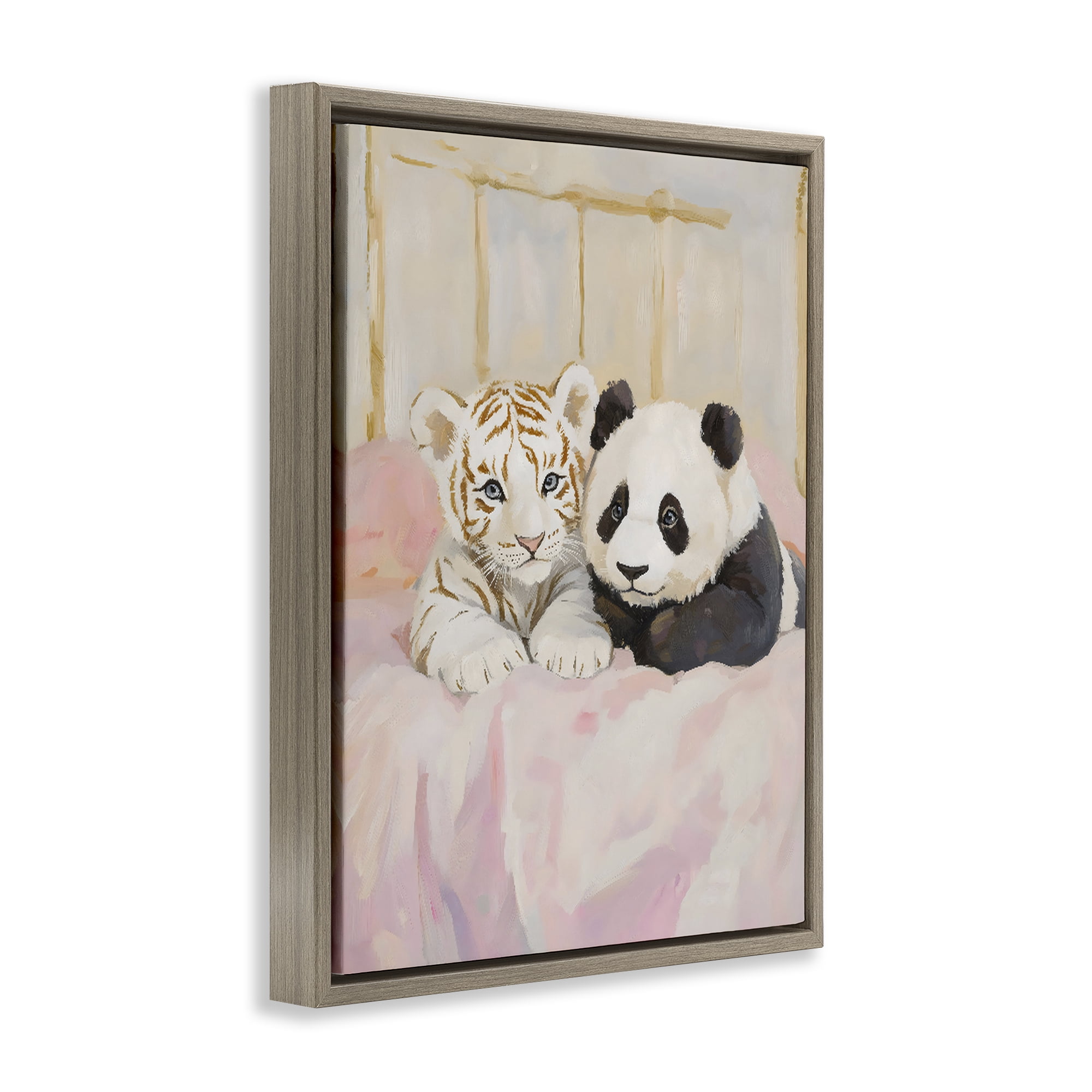 Stupell Industries Baby Panda & Tiger Cuddles Brown Framed Floater Canvas Wall Art, design by The Prints Vibe