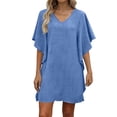 thumbnail image 2 of Women's Casual V Neck Mini Shift Dress Loose Flutter Short Sleeve Solid Texture Batwing Sleeve Tunic Dress Fashion Elegant Party Cocktail Clubwear Night Out, 2 of 6