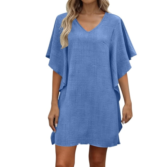 Womens Linen Coverups Dress Batwing Sleeve Beach Vacation Dress Summer Casual Going Out Dress Blue, M