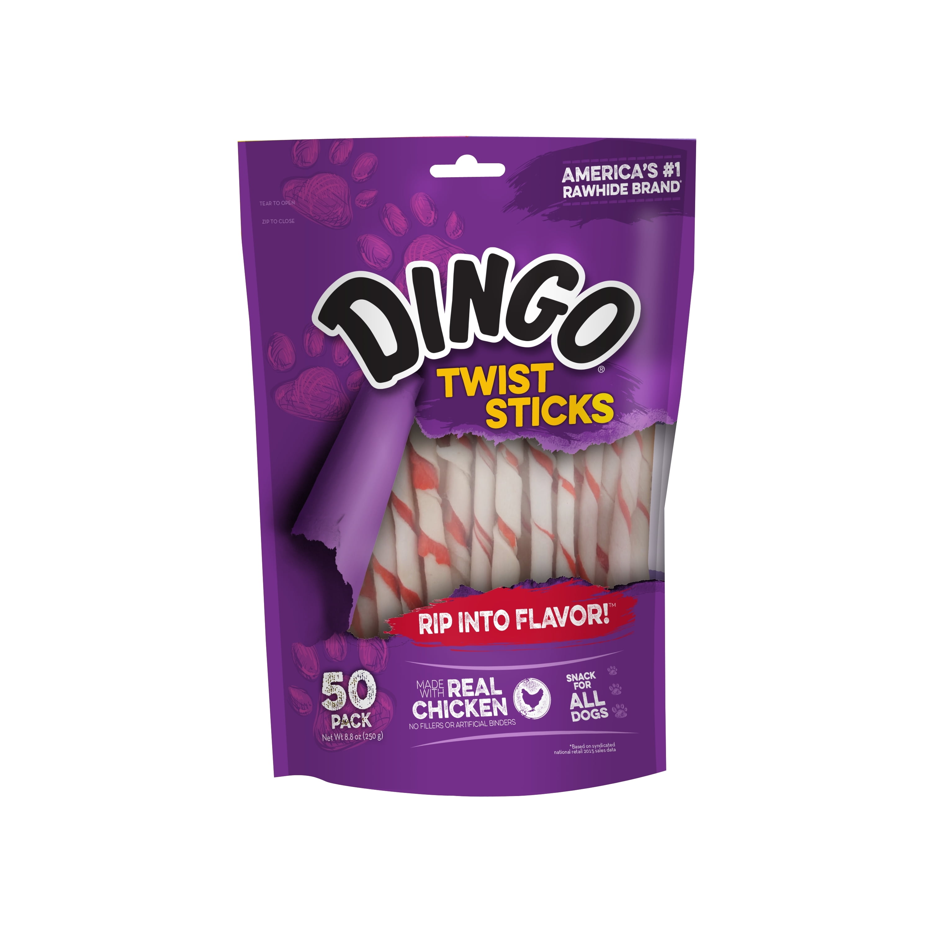 Dingo Twist Sticks 50 Count, Rawhide For Dogs, Made With Real Chicken