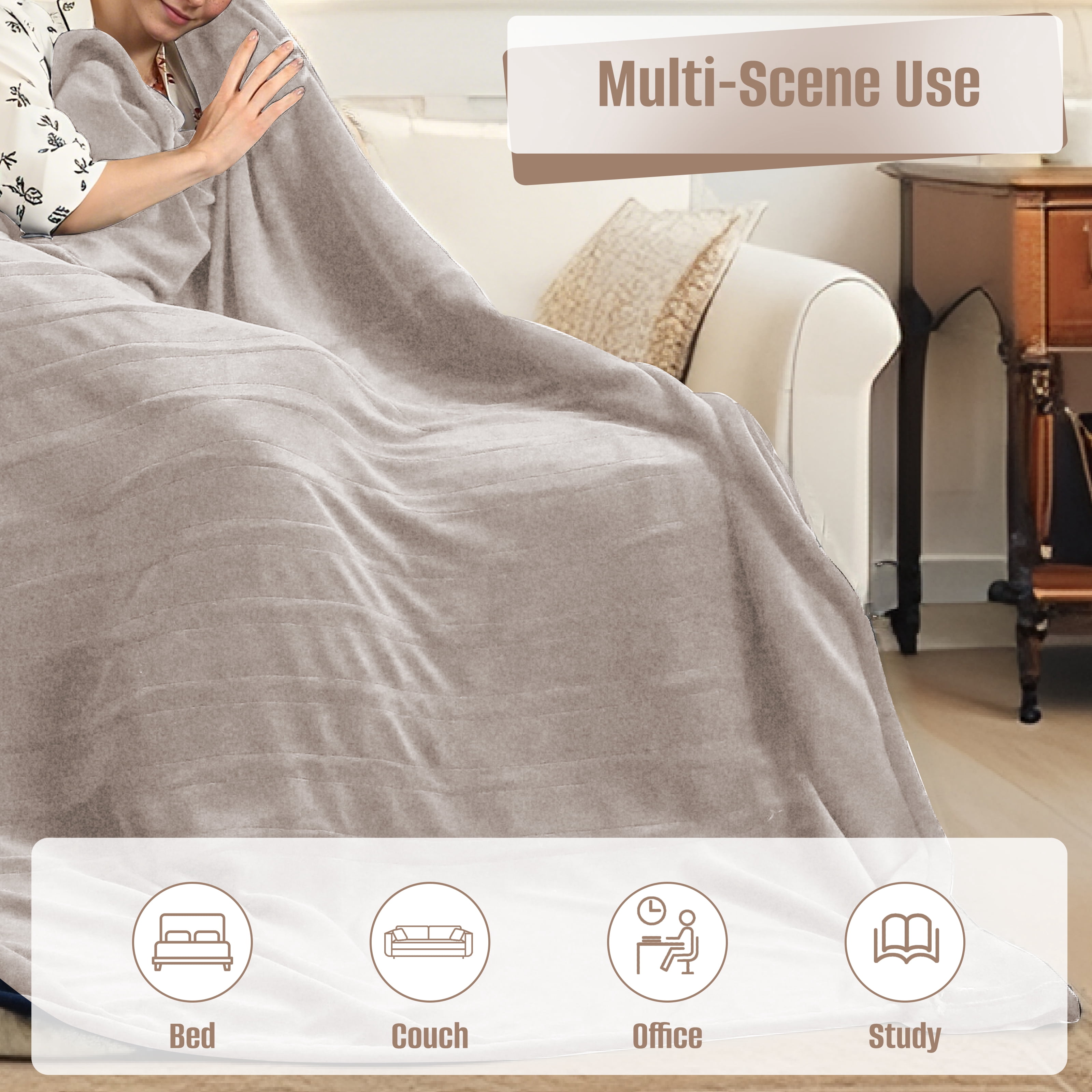 YAKEE Electric Heated Blanket 62"x84" Twin Size - Soft Warm Coral Fleece, 4 Heat Levels, 10 Hours Auto-off, Machine Washable with Overheat Protection, Brown