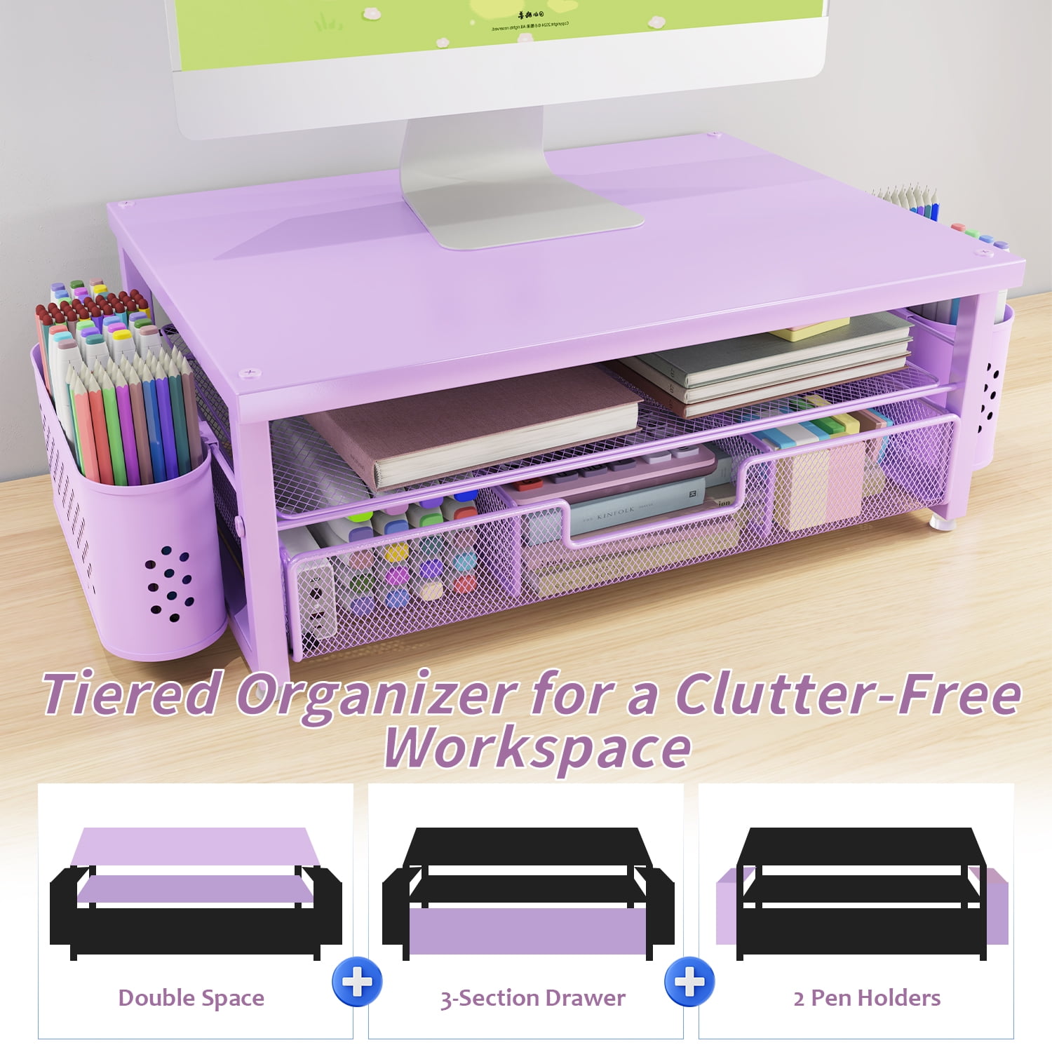 MEHOOM Desk Organizer, 3-Tier Monitor Stand with Storage and 2 Pen Holder, Laptop Stand, Office Desk Accessories for Office Supplies, Purple
