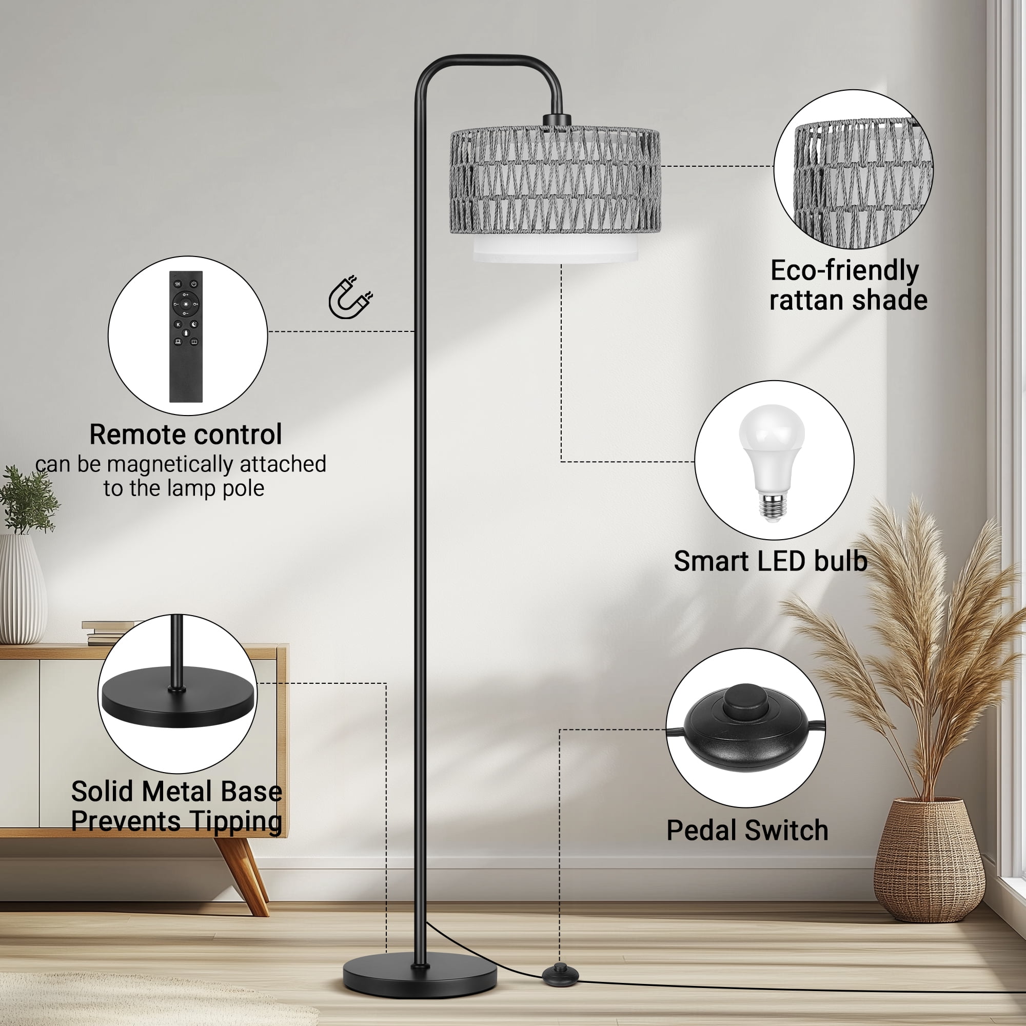 SparkGlowy 68‘’Floor Lamp for Living Room, Tall Standing Lamp with Remote 3 Color Temperatures Dimmable Bulb, Gray Rattan and Fabric Dual Shades
