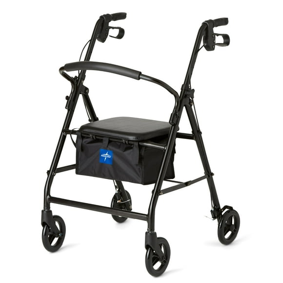 Andador con ruedas Medline de aluminio con asiento, color negro, capacidad de peso de 136 kg, ligero, ruedas de 15 cm, plegable, asas ajustables, ideal para personas mayores.
