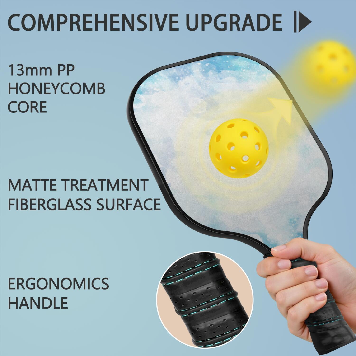 Pickleball Paddles Set Of 1, Fiberglass Surface, Ice Crystal Print, 1 Paddle, 2 Balls & Bag