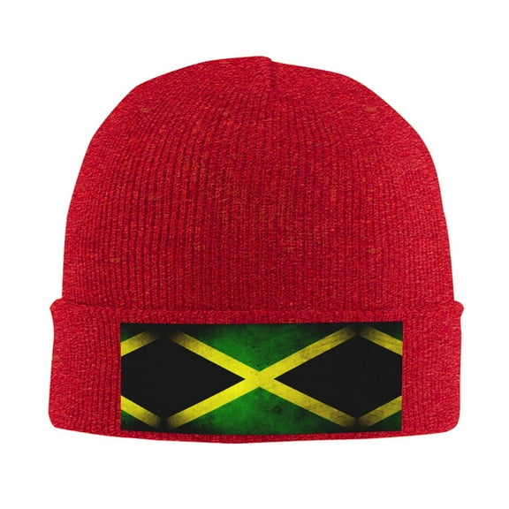 Jamaican-Flag Winter Beanie Hats for Men Women Warm Cozy Knitted Cuffed Skull Cap Red