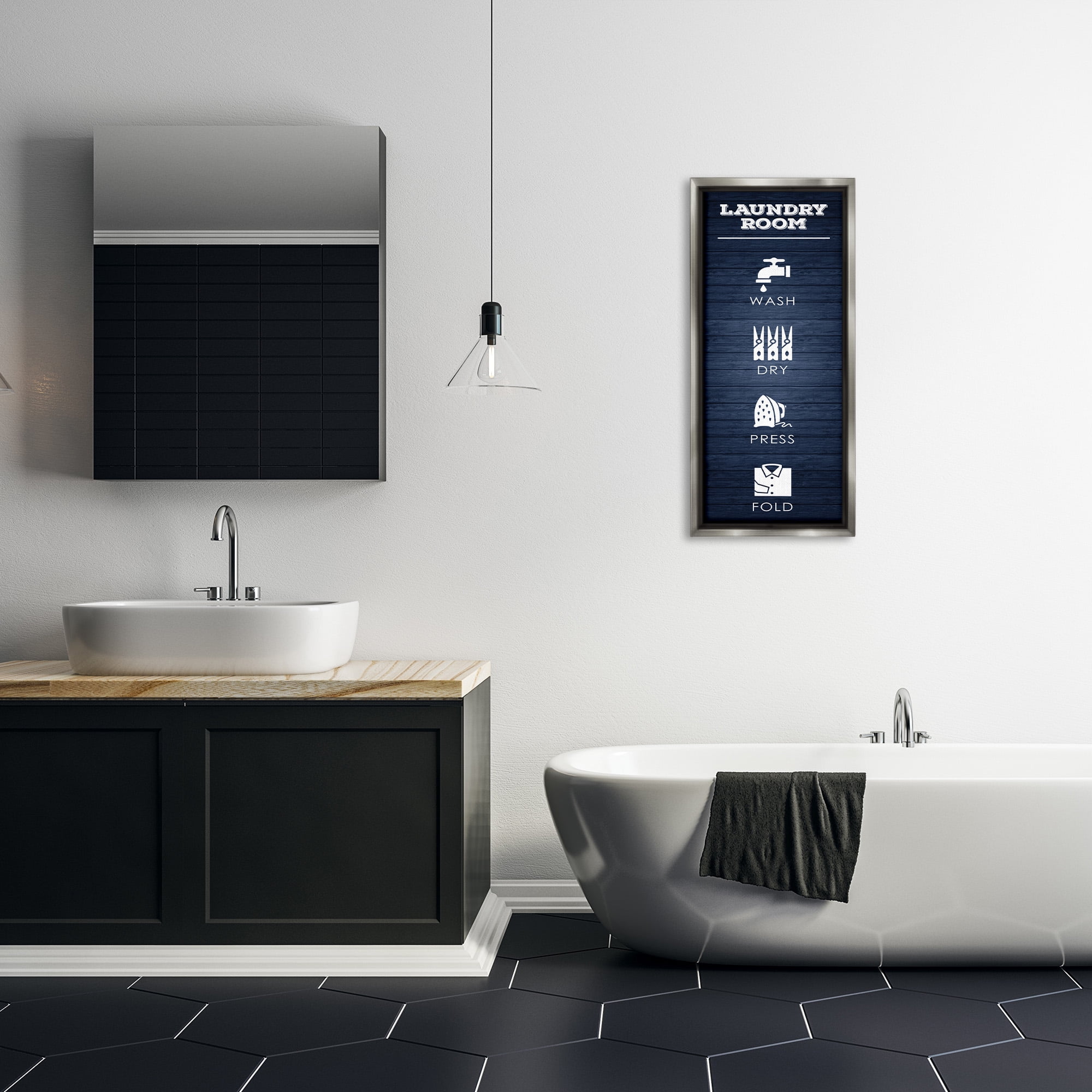 Stupell Industries Laundry Room Icons Rustic Blue Typography Painting Gray Floater Framed Canvas Art Print Wall Art, 15 x 31