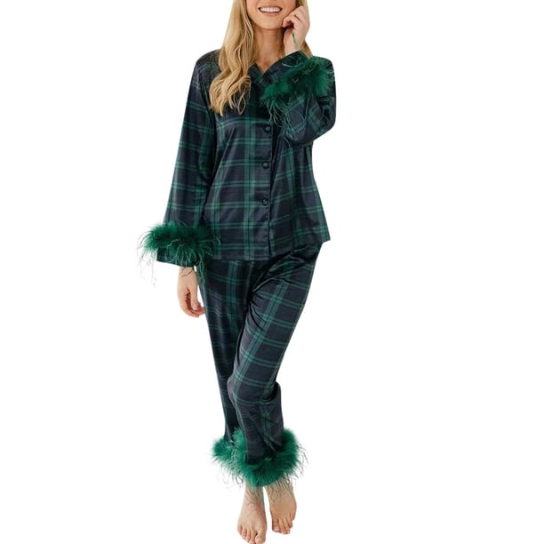 Conjunto de Pijamas Peludos a Cuadros Gibobby para Mujer Verde M