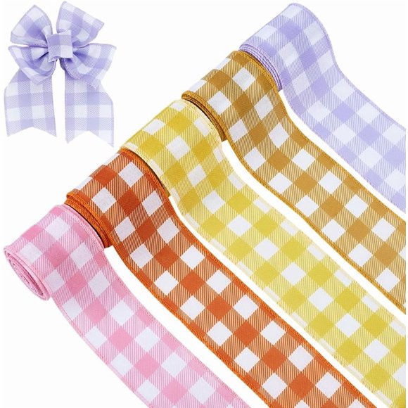 5 Rolls 50 Yards Wired Edge Ribbon 2.2 inches Spring Gingham Patterned Ribbon Colored Plaids Craft Fabric Ribbon for DIY Gift Christmas Decorations Wrapping Wreath Crafts Supplies