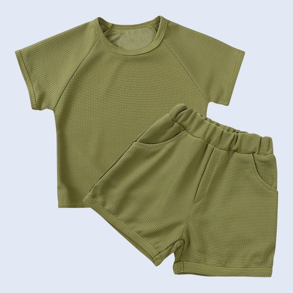PInxia Summer Unisex Clothes Girls Boys 2 Piece Outfits Crew Neck Short Sleeve Elastic Waisted Wide Leg Shorts with Pockets,Green,12 Months
