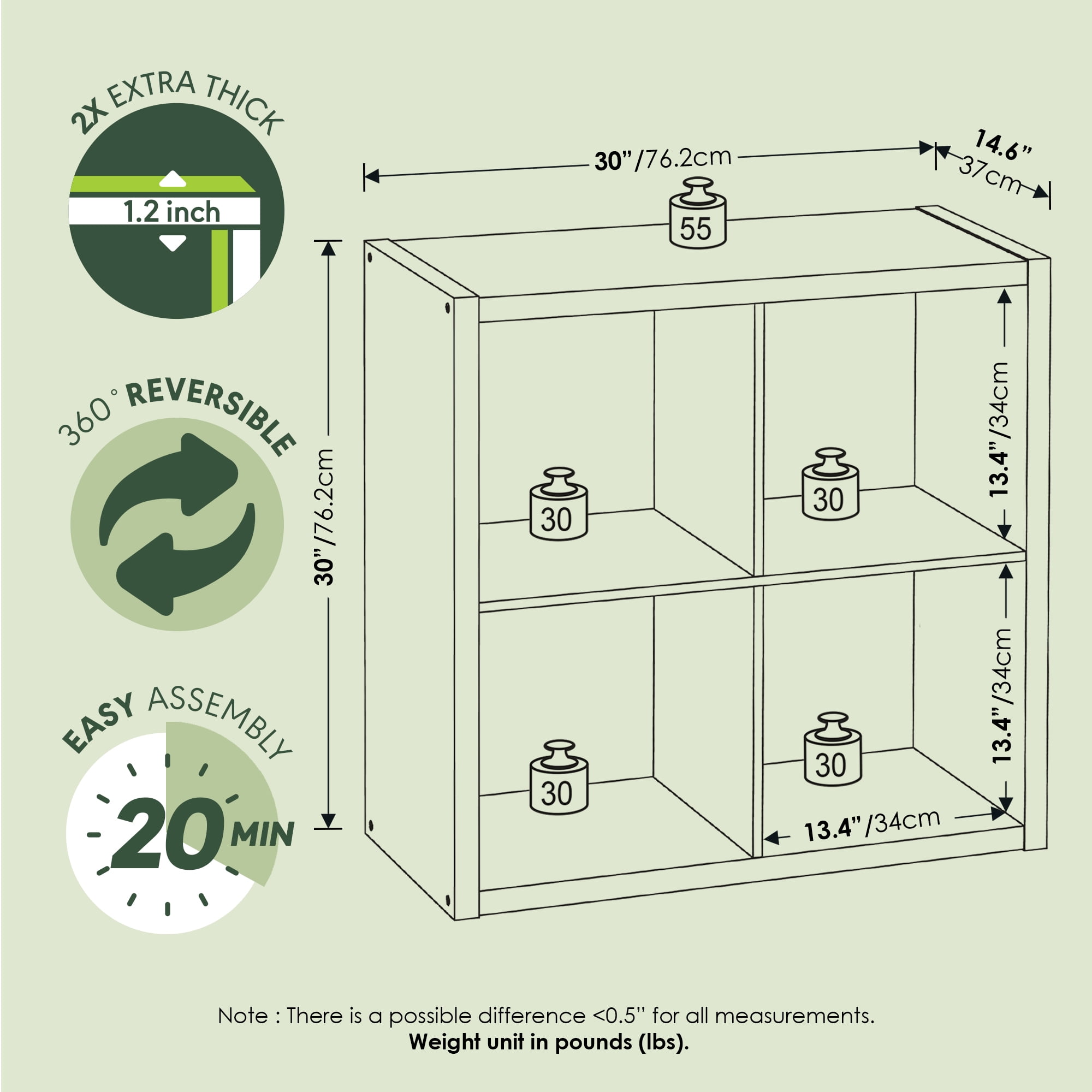 Furinno CUBICLE 4-Cube Thick Frame Reversible Open Back Bookcase Sage Green