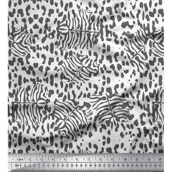 Soimoi White Cotton Cambric Fabric Leopard & Tiger Animal Skin Print Sewing Fabric Yard 42 Inch Wide