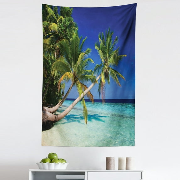 Holiday Tapestry, Maldives Bay Paradise Resort Summer in Pacific Holiday Destinations, Fabric Wall Hanging Decor for Bedroom Living Room Dorm, 5 Sizes, Turquoise Navy Blue, by Ambesonne