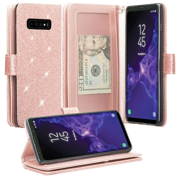For Samsung Galaxy S10 Case, Cute Leather Flip Wallet Case Cover Folio [Kickstand] Girls Women for Samsung Galaxy S10 - Glitter Rose Gold