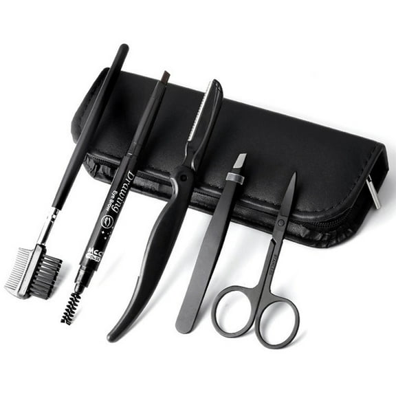 5PCS Eyebrow Grooming Kit for Women Men Tweezers, Eyebrow Razor Eyebrow Scissors Bush and Comb Eyebrow Pencil Stainless Steel Eye Brow Trimming Tool with Leather Case