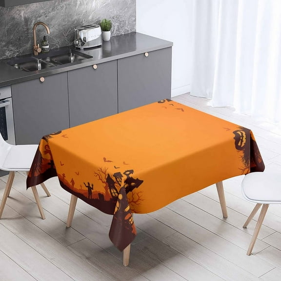 XAJAT 52‘‘x52'' Happy Halloween Orange Rectangle Tablecloth, Cotton Linen Table Covers with Castle and Zobie Prints