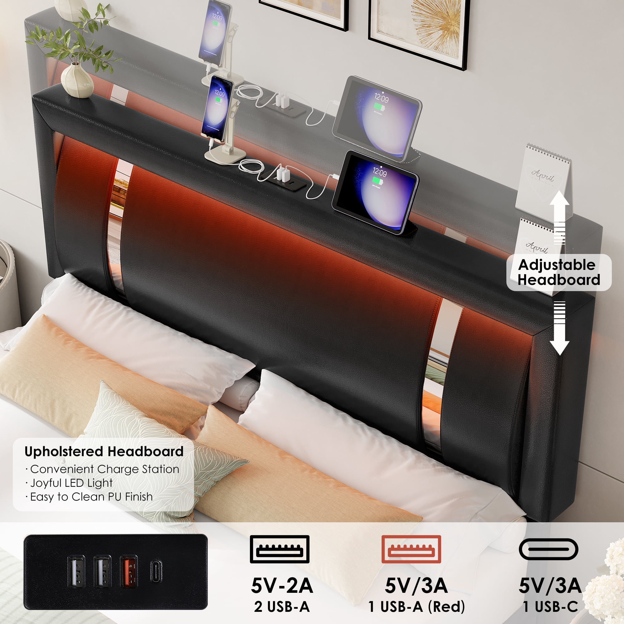 Homfa Full Bed Frame with LED Headboard & Charge Station & 2 Storage Drawers, PU Leather Upholstery Adjustable Platform Bed Frame, Black