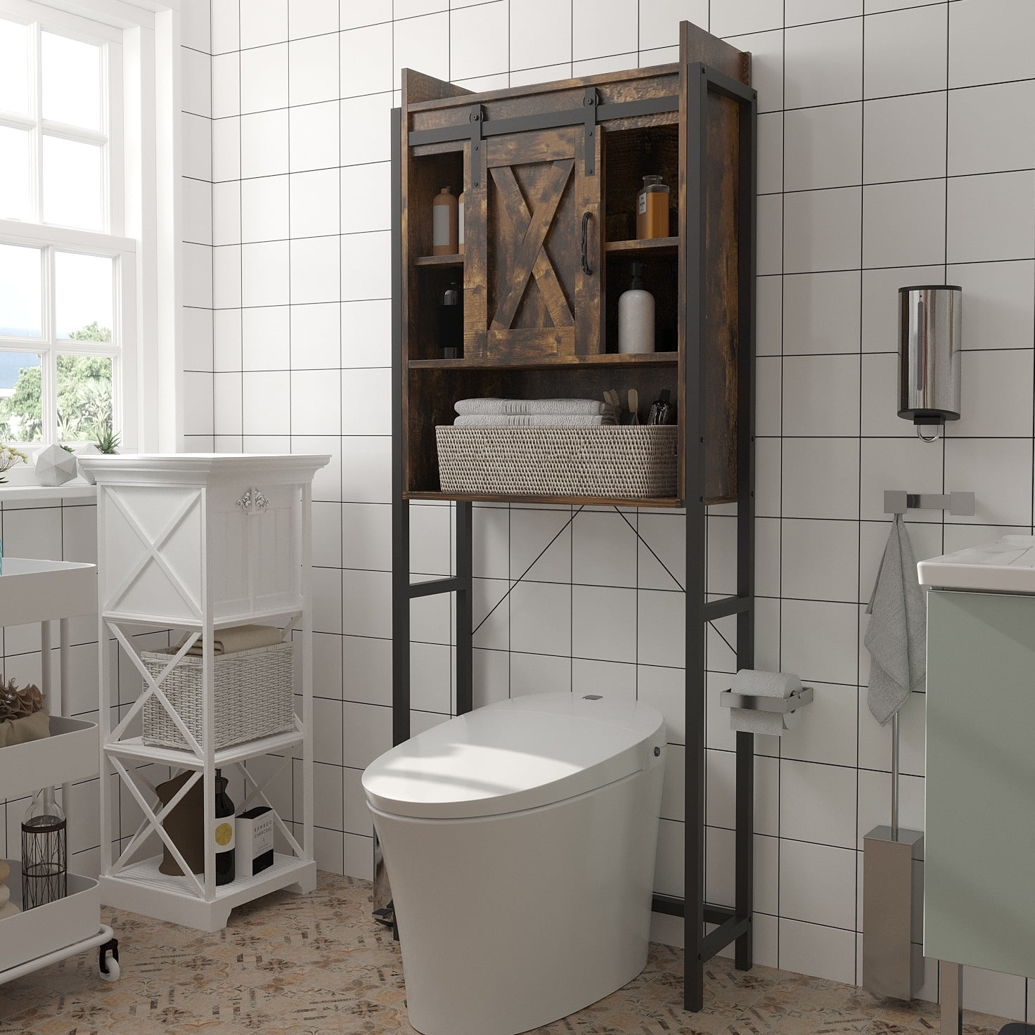 PWFE Farmhouse Over Toilet Bathroom Organizer, Freestanding Over The
